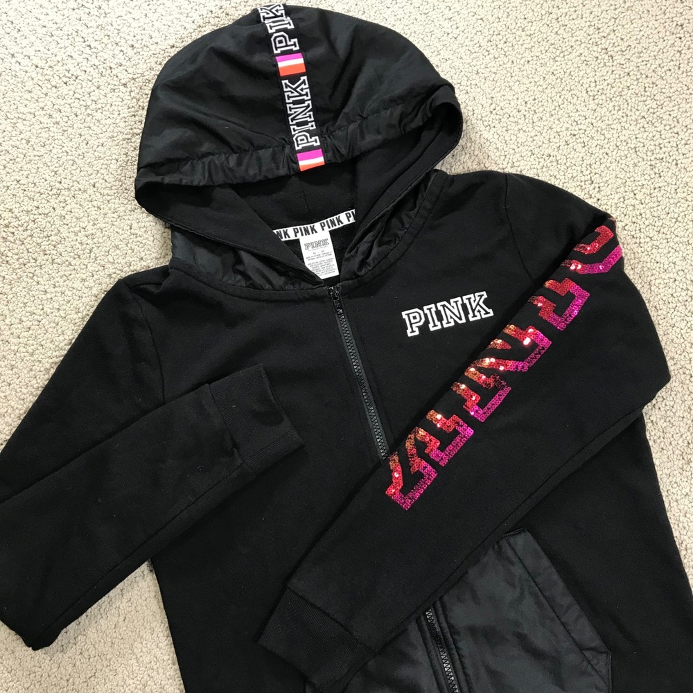 Victoria's Secret PINK Black Rainbow Sequin‎ Logo Full Zip Hoodie Sweatshirt M